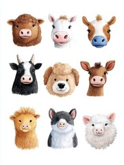 Fototapeta premium Charming farm animal faces pastoral setting digital illustration whimsical environment close-up view cute concept
