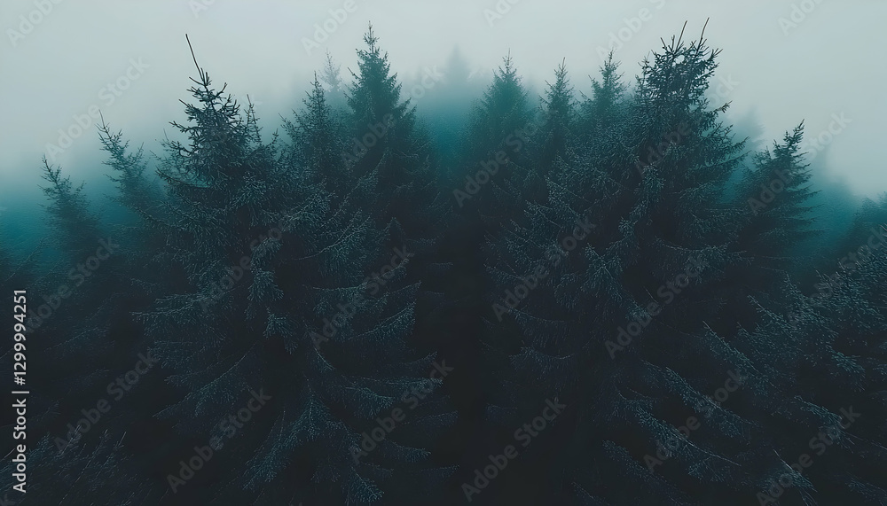 Poster enigmatic aerial view of a dense evergreen forest shrouded in mist, creating a moody and atmospheric