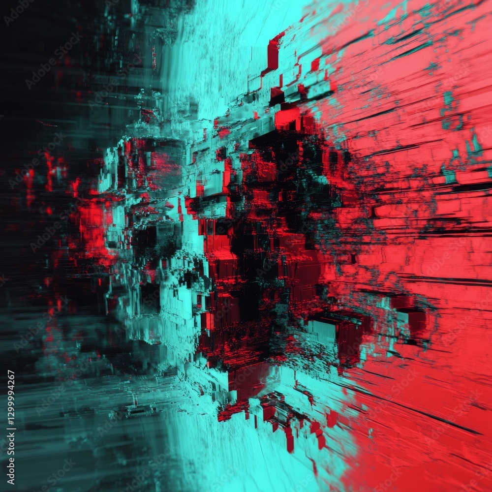 Aufkleber Abstract Red and Teal Glitch Art: Digital Distortion and Vibrant Color Play, Exploring Geometric Forms in a Modern Design