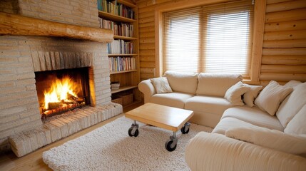 Cozy Living Room with Fireplace in Modern Wooden Cabin Interior