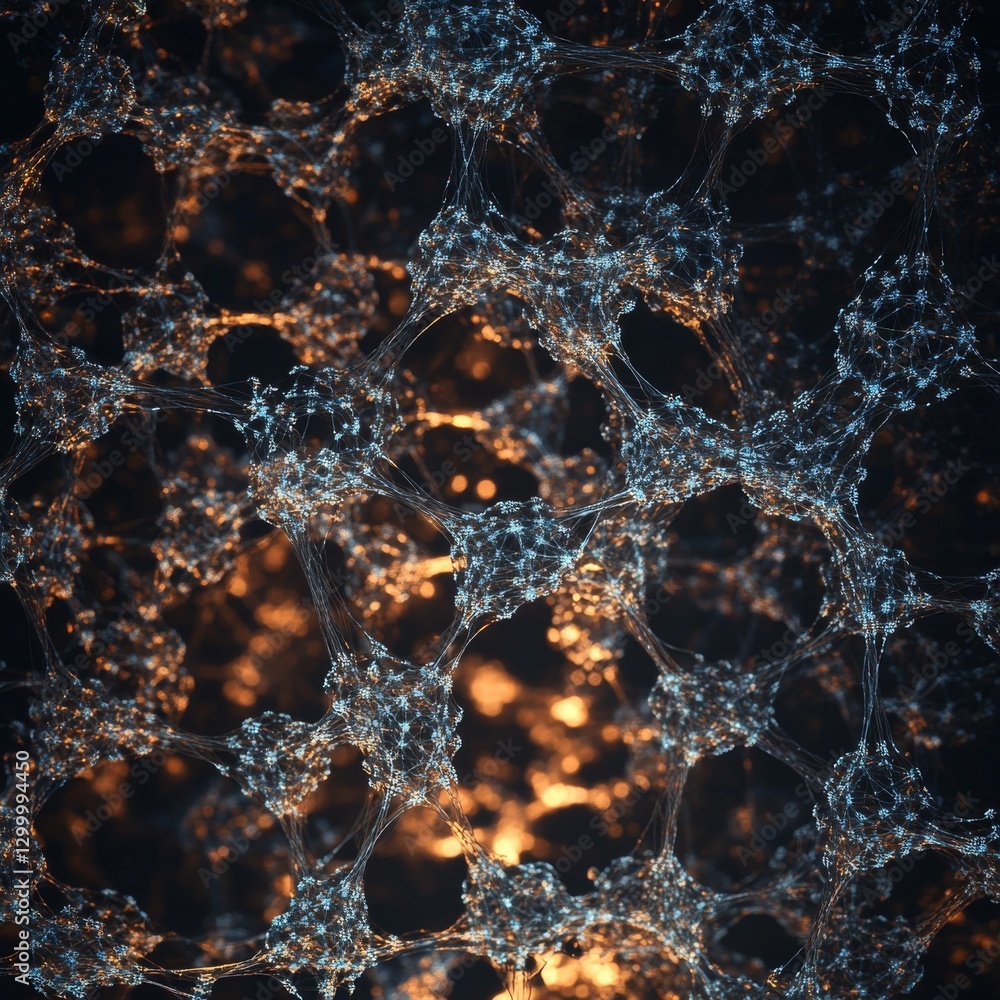 Poster abstract network of interconnected nodes with glowing orange highlights on dark background.