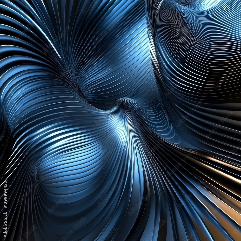 Fototapete abstract metallic blue wave: a mesmerizing 3d rendering of a swirling, reflective surface creating a