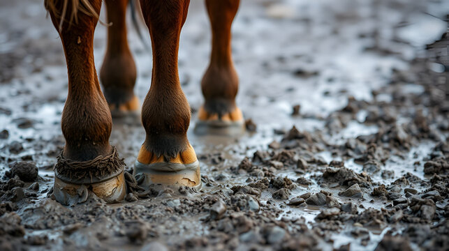 Close-up image of muddy horse hooves as they trudge through a wet and muddy ground, capturing the detailed texture of the hooves and the muck they are navigating through