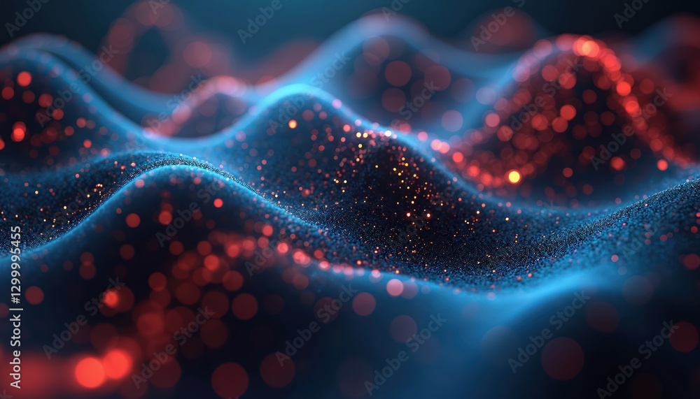 Poster abstract wavy wireframe background with connecting glowing dots in red, blue colors on dark backdrop