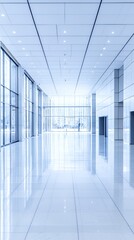 Modern Office Hallway with Bright Lighting and Reflective Floors