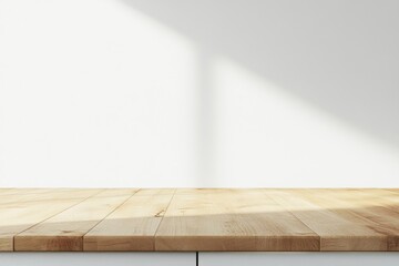 Wooden table, sunlit wall, interior, display, mockup