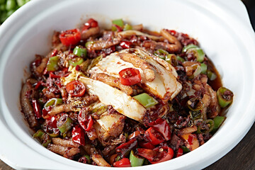 Spicy Shredded Pork with Sauce and Stir-fried Baby Cabbage in Stone Pot