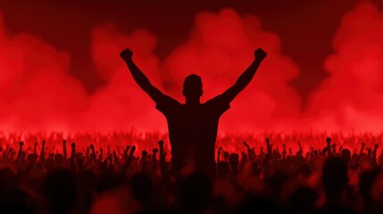 Crowd of Enthusiastic People with Raised Fists in Red Atmosphere