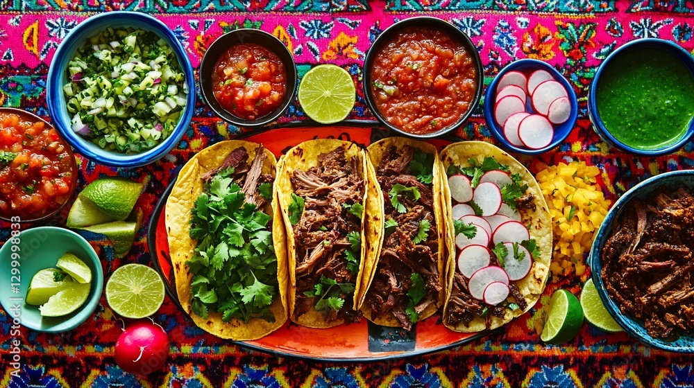 Aufkleber overhead view of three delicious tacos with various toppings and sauces on a colorful tablecloth.