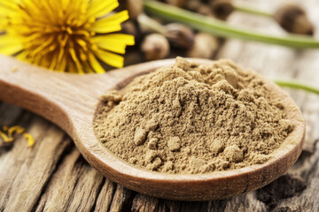 Medicinal dandelion root powder in a rustic wooden spoon