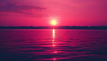 Obraz premium Serene pink sunset over calm lake water, silhouetted trees on horizon. Peaceful, dreamy atmosphere.