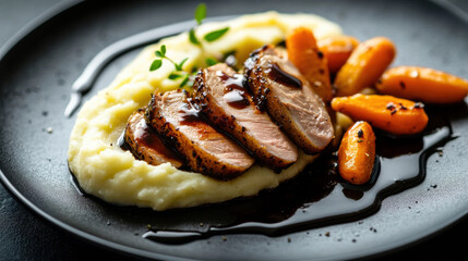A beautifully plated dish of roasted duck breast with a glossy balsamic glaze, served with a side of velvety mashed potatoes and roasted baby carrots