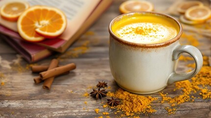 Turmeric Latte, Cinnamon Sticks, and Orange Slices on a Rustic Table