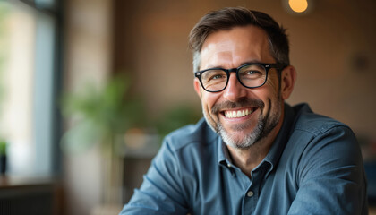 Obraz premium Attractive mature businessman with glasses looks at camera with charming smile. Confident man in casual attire poses in modern office space with natural light. Successful cheerful executive portrait,
