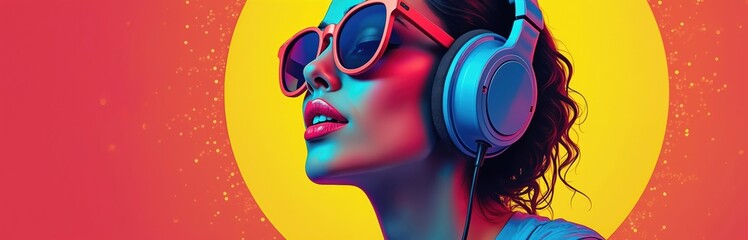 Art portrait of woman with headphones in bright design. Digital artwork with vibrant colors in pop art style. Abstract graphic background, musical artwork. Creative design for online banner. Female