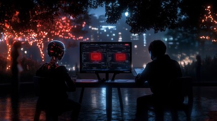 Citizens engaging in digital voting urban park hyperrealistic scene nighttime side perspective technology's impact