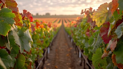 Fototapeta premium Early Autumn Vineyard Scene with Colorful Leaves and Breathtaking Sunlight