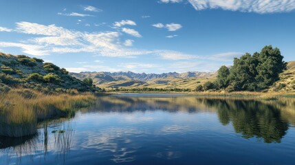 Fototapeta premium Serene mountain lake reflection, calm water, sunny day, scenic landscape, nature photography