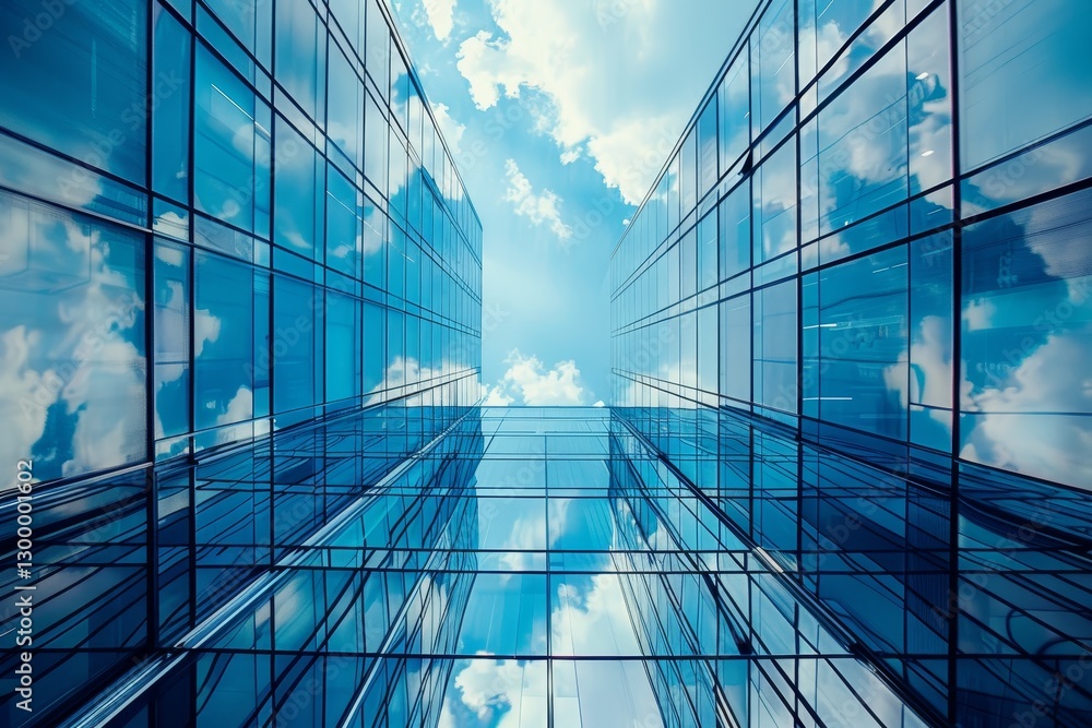 Poster a low-angle view of a modern skyscraper with reflective glass windows that reflect the cloudy sky, s