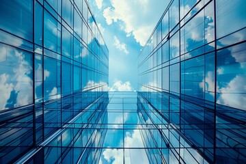 Obraz premium A low-angle view of a modern skyscraper with reflective glass windows that reflect the cloudy sky, Smart building systems for intelligent automation and energy efficiency