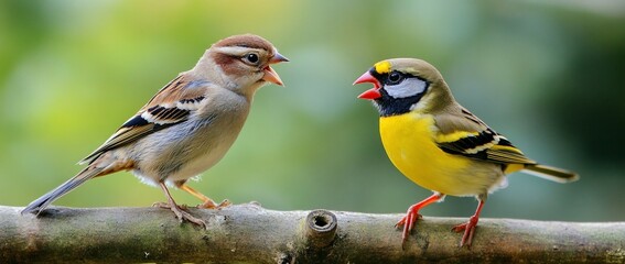 Fototapeta premium Two colorful birds perched on a branch, facing each other and appearing to communicate.