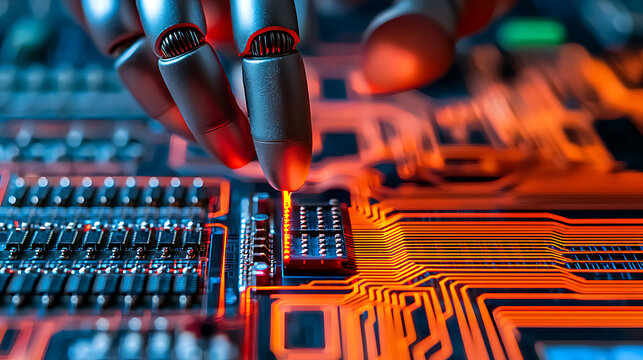 Industrial robot assembling electronics with ai interface high-tech factory digital interaction modern workspace close-up view automation revolution