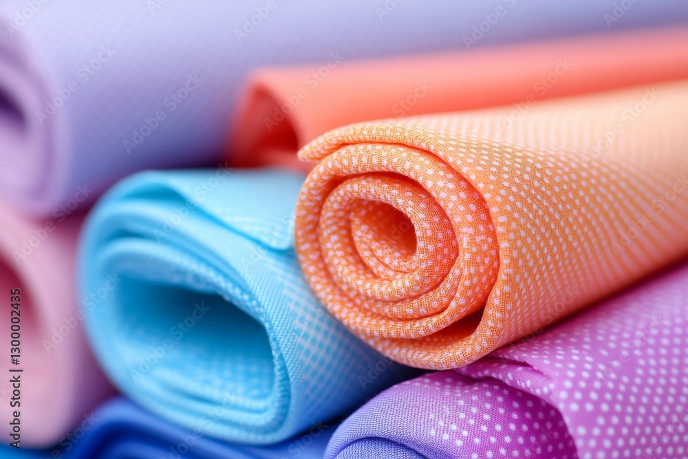 Poster colorful rolls of fabric arranged neatly on a surface, showcasing a variety of textures and patterns