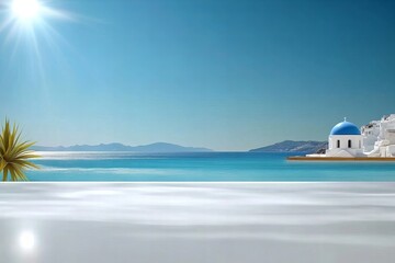 Sunny coastal view of blue domed church and azure waters in santorini, greece