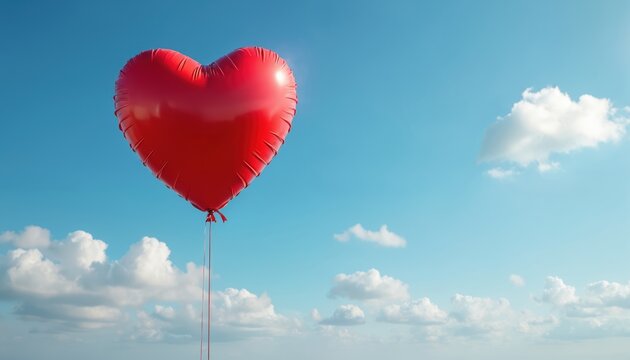 A red heart shaped balloon floats in blue sky with light clouds. Romantic Valentine day concept. Love celebration background for card or banner. Birthday greeting background.