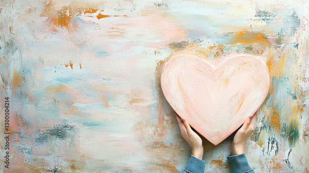 Poster overhead view of hands holding a large pink heart on a pastel textured background