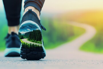 A close-up of a person's foot in a sneaker, revealing a scenic landscape printed on the sole, walking along a winding path in a serene environment.
