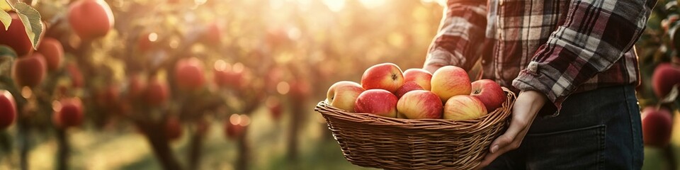 Person holding a basket of freshly picked red apples in an orchard at sunset.