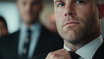 Confident Businessman Adjusting Tie in Professional Environment