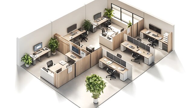 Isometric office cubicles arranged symmetrically, individual workstations with monitors and organizers, potted plants adding a touch of green, soft shadows cast on a pure white background, minimalist