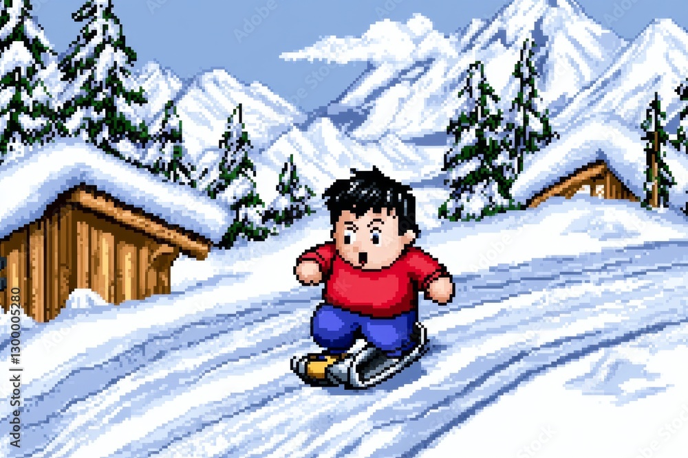 Aufkleber A pixel-art scene of a tiny character running away from a fast-moving avalanche in a retro 8-bit game style