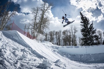 A skier jumps off a snowy ramp with a blue sky and white clouds in the background, A skier performing a graceful jump off a snowy ramp