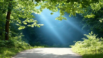 Fototapeta premium Sunlit forest path with lush greenery and light beams