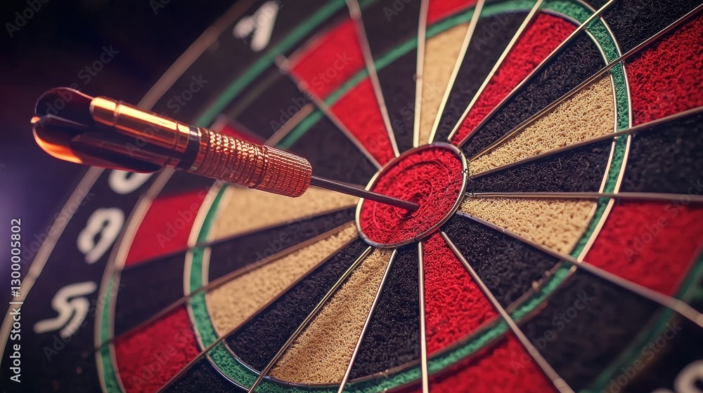 Poster precision dart hitting bullseye in dartboard game close-up