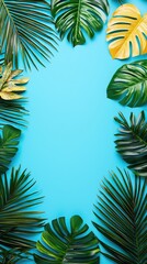 Tropical leaves frame, blue background, summer vacation, design element