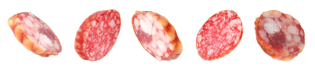 Slices of smoked sausages isolated on white, set