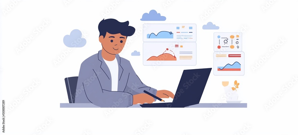 Poster young man working on laptop, analyzing data charts and graphs.