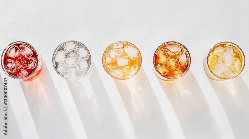 Poster five glasses with ice and different colored drinks arranged in a row on a white background.