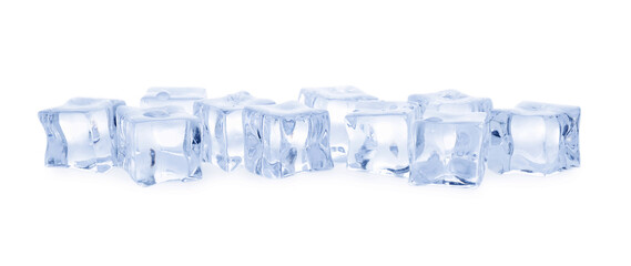 Many crystal clear ice cubes isolated on white