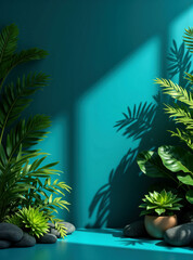 Obraz premium Eco-Chic Vertical Poster: Green Plant Frame on a Dark Cyan Background