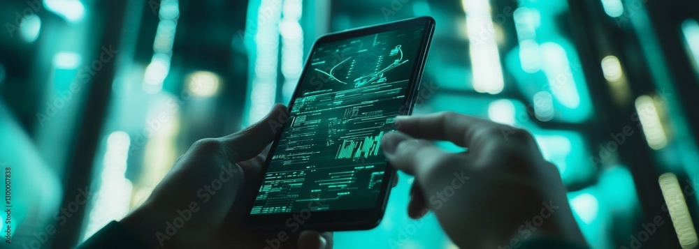 Poster person using a smartphone with data displayed on a screen, at night.