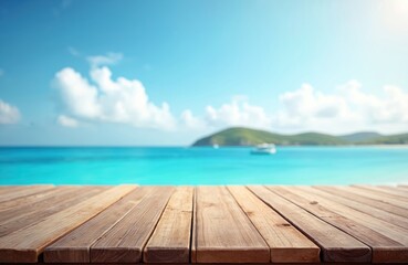 Fototapeta premium Wooden planks tabletop with blurred turquoise sea, blue sky background. Summer vacation scene on coast, relax holiday mood. Empty table surface for product display and advertising, blank space.
