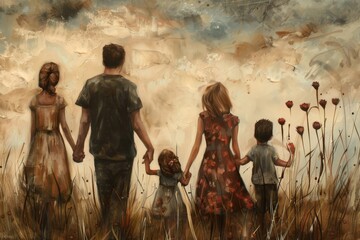 A painting depicting a family of five walking through tall grass towards a cloudy sky, Family is not an important thing It's everything