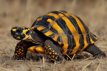 Obraz premium A vibrant Indian star tortoise navigating through dry grass in a natural habitat, showcasing its unique shell patterns