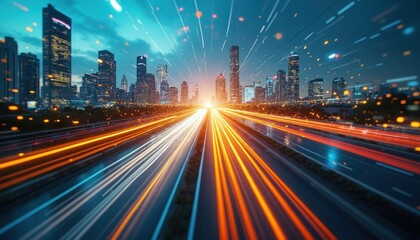 Fototapeta premium Night city skyline with light trails. Represents high-speed data transfer, futuristic tech and digital communication. Motion blur effects showcase connectivity and speedy transmission in cyberspace.