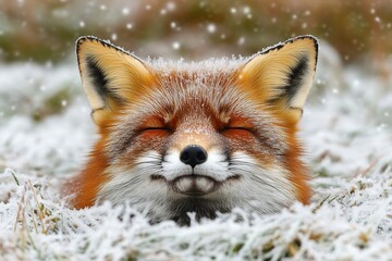 Obraz premium A red fox rests peacefully in snowy grass, eyes closed, during a snowfall.
